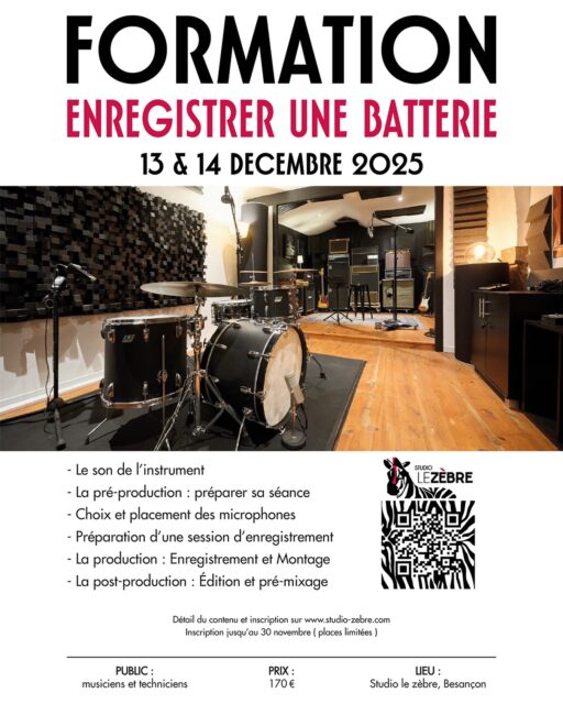 🎧 FORMATION : Enregistrer une batterie 🥁
📅 13 & 14 décembre 2025
📍 Studio Le Zèbre – Besançon
Envie d’apprendre à enregistrer un son de batterie pro ?
Deux jours de formation pratique pour musiciens et techniciens :
🎚️ Le son de l’instrument
🎙️ Choix et placement des micros
🎛️ Enregistrement, montage et pré-mixage
💡 Une immersion complète de la pré à la post-production.
➡️ Prix : 170 €
📅 Inscriptions ouvertes jusqu’au 30 novembre (places limitées)
🔗 Infos et inscription : www.studio-zebre.com
#FormationMusique #Enregistrement #Batterie #StudioLeZèbre #Besançon #ProductionMusicale #AudioPro